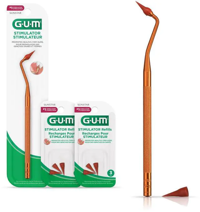 Main image of Stimulator Permanent Handle with Rubber Tip, Long-Handled Stimulator & Plaque Remover for Teeth Health, 1 Handle + 2 Refill Packs