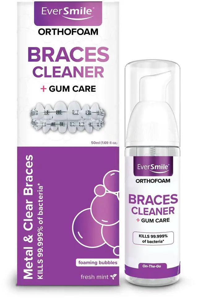 Main image of OrthoFoam Braces Cleaner Brushable Foam Whitens Teeth, Eliminates Bacteria, Fights Plaque and Bad Breath Cleans Under Metal, Ceramic, Clear Brackets and Wires 50ml