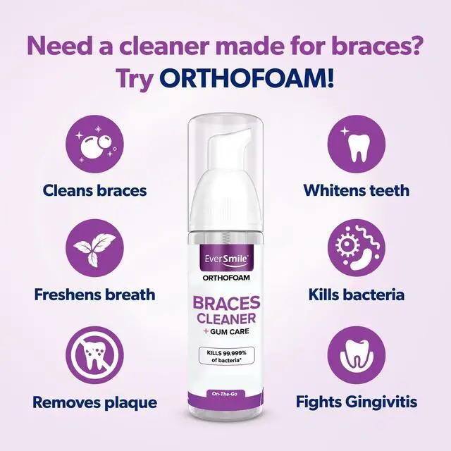 Alt view image 2 of 7 - OrthoFoam Braces Cleaner Brushable Foam Whitens Teeth, Eliminates Bacteria, Fights Plaque and Bad Breath Cleans Under Metal, Ceramic, Clear Brackets and Wires 50ml