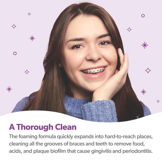 Alt view image 4 of 7 - OrthoFoam Braces Cleaner Brushable Foam Whitens Teeth, Eliminates Bacteria, Fights Plaque and Bad Breath Cleans Under Metal, Ceramic, Clear Brackets and Wires 50ml