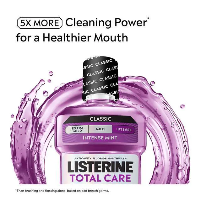 Alt view image 3 of 7 - Mouthwash Total Care Anti Cavity Treatment for Adults Kills 99.9% of Bad Breath Germs in Intense Mint Antibacterial Fluoride Mouthwash, 2 pack of 33.8 fl oz