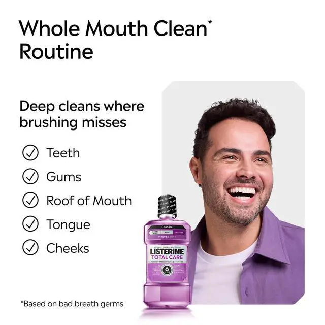 Alt view image 6 of 7 - Mouthwash Total Care Anti Cavity Treatment for Adults Kills 99.9% of Bad Breath Germs in Intense Mint Antibacterial Fluoride Mouthwash, 2 pack of 33.8 fl oz