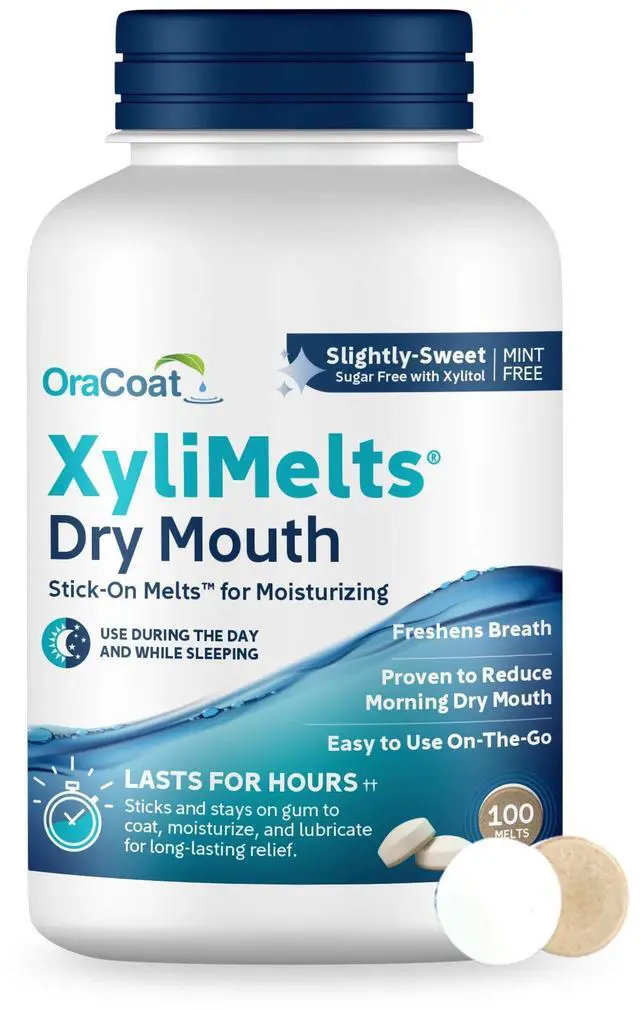 Main image of XyliMelts for Dry Mouth Night Time or Day - Moisturizing Dry Mouth Adhering Discs, Sugar Free with Xylitol, 100 Count, Slightly Sweet Flavor, 8-Hour Relief
