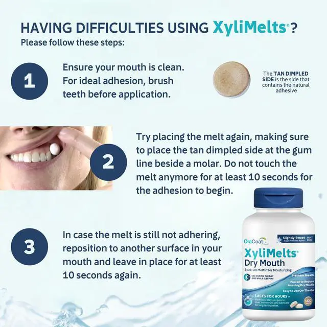 Alt view image 3 of 7 - XyliMelts for Dry Mouth Night Time or Day - Moisturizing Dry Mouth Adhering Discs, Sugar Free with Xylitol, 100 Count, Slightly Sweet Flavor, 8-Hour Relief