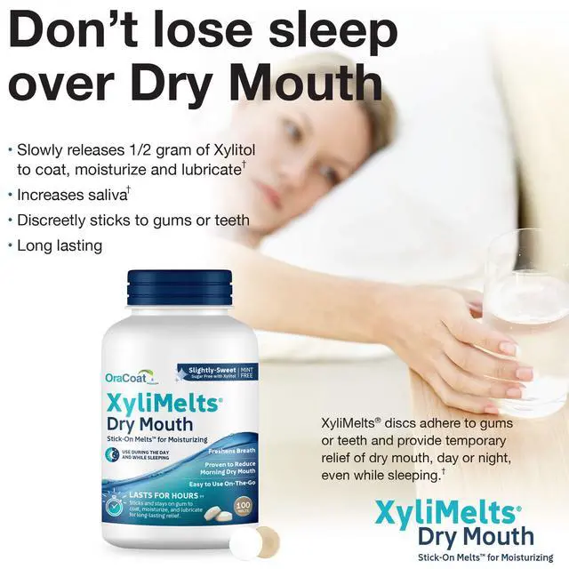 Alt view image 4 of 7 - XyliMelts for Dry Mouth Night Time or Day - Moisturizing Dry Mouth Adhering Discs, Sugar Free with Xylitol, 100 Count, Slightly Sweet Flavor, 8-Hour Relief