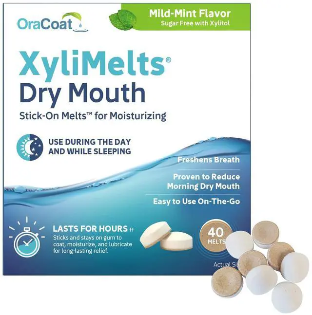 Main image of XyliMelts for Dry Mouth Night Time or Day - Moisturizing Dry Mouth Adhering Discs, Sugar Free with Xylitol, 40 Count, Mild Mint Flavor, 8-Hour Relief