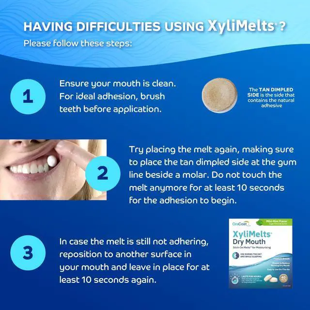 Alt view image 7 of 7 - XyliMelts for Dry Mouth Night Time or Day - Moisturizing Dry Mouth Adhering Discs, Sugar Free with Xylitol, 40 Count, Mild Mint Flavor, 8-Hour Relief