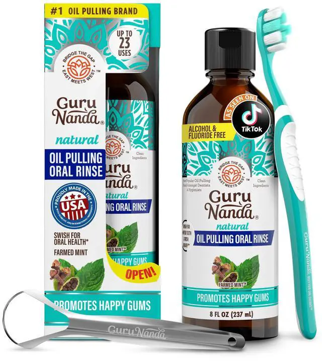 Main image of CocoMint Oil Pulling Mouthwash for Complete Oral Hygiene, 7 Essential Oils & Vitamins for Happy Teeth & Gums & Fresh Breath with Toothbrush & Tongue Scraper, Alcohol & Peroxide Free, 8 oz