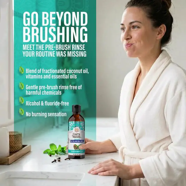 Alt view image 2 of 7 - CocoMint Oil Pulling Mouthwash for Complete Oral Hygiene, 7 Essential Oils & Vitamins for Happy Teeth & Gums & Fresh Breath with Toothbrush & Tongue Scraper, Alcohol & Peroxide Free, 8 oz