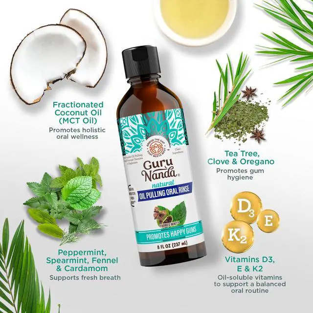 Alt view image 6 of 7 - CocoMint Oil Pulling Mouthwash for Complete Oral Hygiene, 7 Essential Oils & Vitamins for Happy Teeth & Gums & Fresh Breath with Toothbrush & Tongue Scraper, Alcohol & Peroxide Free, 8 oz