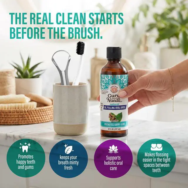Alt view image 7 of 7 - CocoMint Oil Pulling Mouthwash for Complete Oral Hygiene, 7 Essential Oils & Vitamins for Happy Teeth & Gums & Fresh Breath with Toothbrush & Tongue Scraper, Alcohol & Peroxide Free, 8 oz