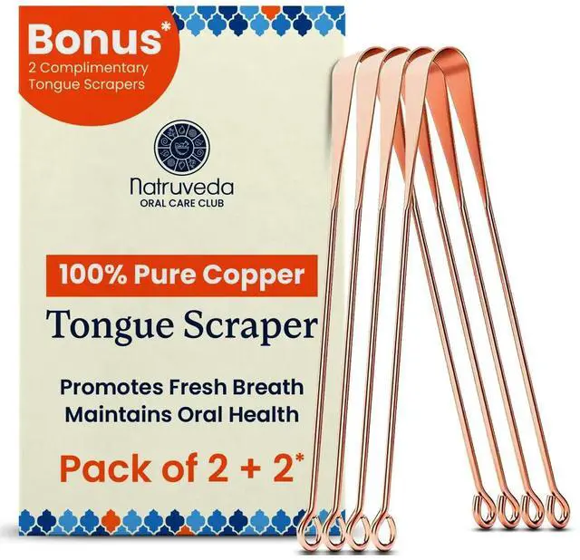 Main image of Copper Tongue Scraper - Metal Oral Hygiene Tool for Adults & Kids, Reusable Tongue Scraper & Cleaner, Fresher Breath & Debris Removal, Travel-Friendly, USA-Based Seller - 4 PACK