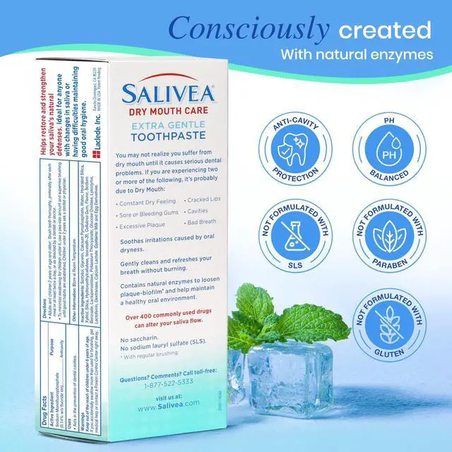 Alt view image 6 of 6 - Dry Mouth Toothpaste (2 Pack) 4.3 oz Each, Anticavity Fluoride, Natural Salivary Enzymes, Xylitol & Calcium, SLS-Free, Moisturizing Dry Mouth Care, Soothing Mint