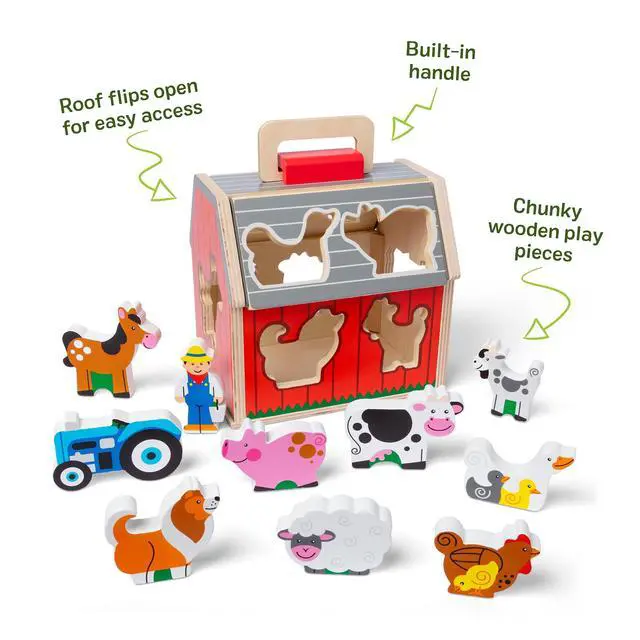 Alt view image 3 of 7 - Take-Along Wooden Toy Barn, 11-Pc Portable Toddler Playset with Farm Animals & Pop-Up Roof, Preschool Learning Toys for Girls & Boys 2+