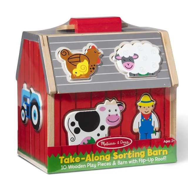 Alt view image 7 of 7 - Take-Along Wooden Toy Barn, 11-Pc Portable Toddler Playset with Farm Animals & Pop-Up Roof, Preschool Learning Toys for Girls & Boys 2+