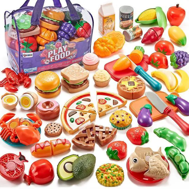 Main image of Pretend Play Food for Kids Kitchen, 78Pc Cutting Toy Food with Storage Bag