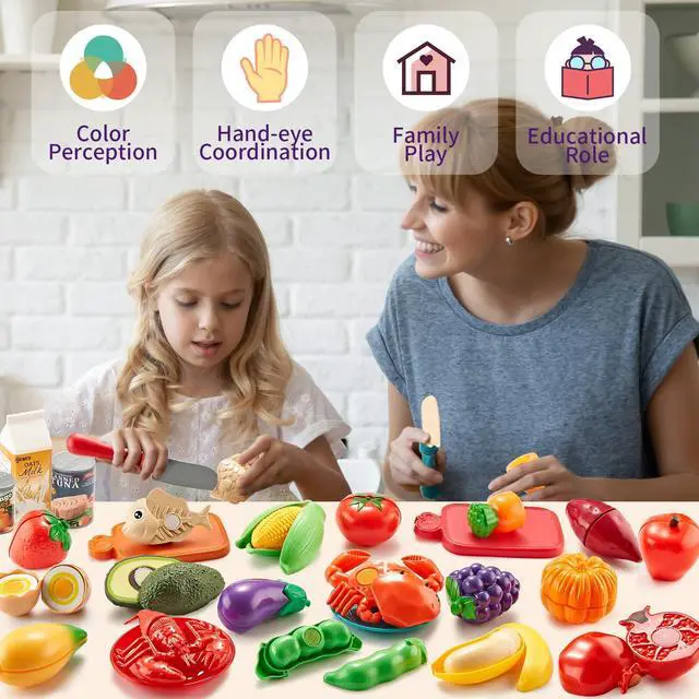 Alt view image 2 of 7 - Pretend Play Food for Kids Kitchen, 78Pc Cutting Toy Food with Storage Bag