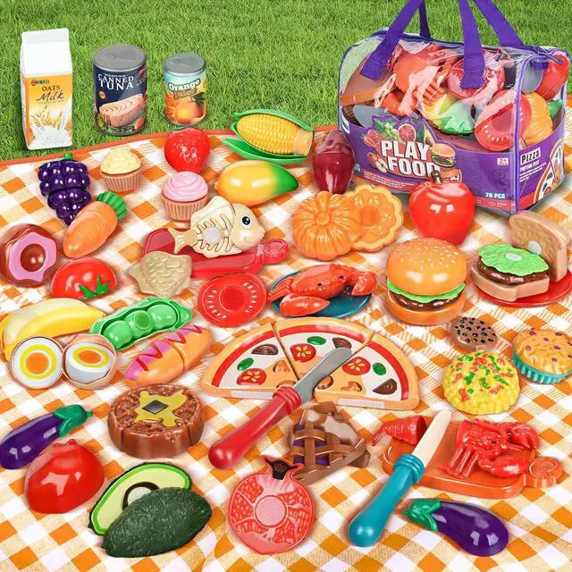 Alt view image 7 of 7 - Pretend Play Food for Kids Kitchen, 78Pc Cutting Toy Food with Storage Bag