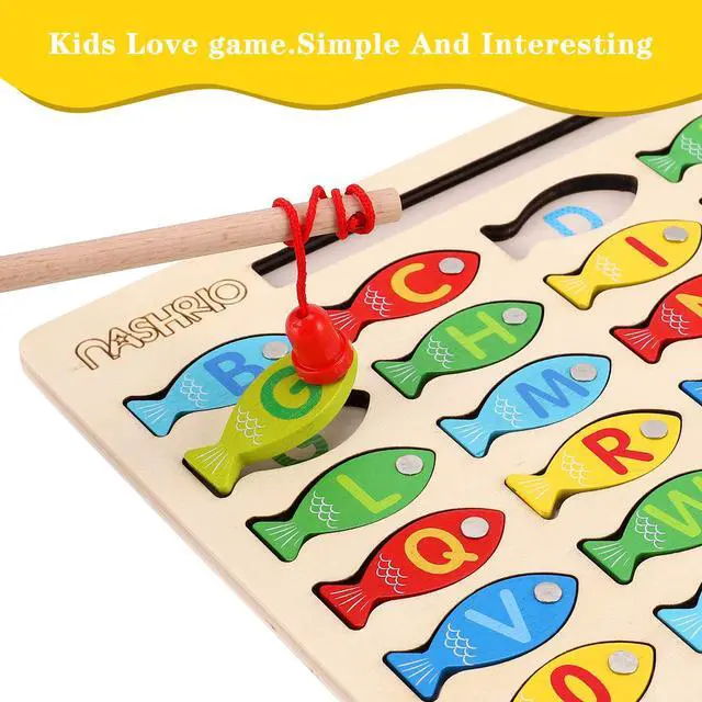 Alt view image 3 of 7 - Magnetic Wooden Fishing Game Toy for Toddlers, Alphabet Fish Catching Counting Games Puzzle with Numbers and Letters, Preschool Learning ABC Math Educational Toys 3 4 5 Years Old Girl Boy Kids
