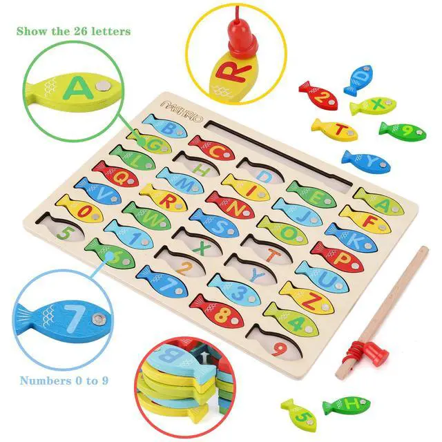 Alt view image 2 of 7 - Magnetic Wooden Fishing Game Toy for Toddlers, Alphabet Fish Catching Counting Games Puzzle with Numbers and Letters, Preschool Learning ABC Math Educational Toys 3 4 5 Years Old Girl Boy Kids
