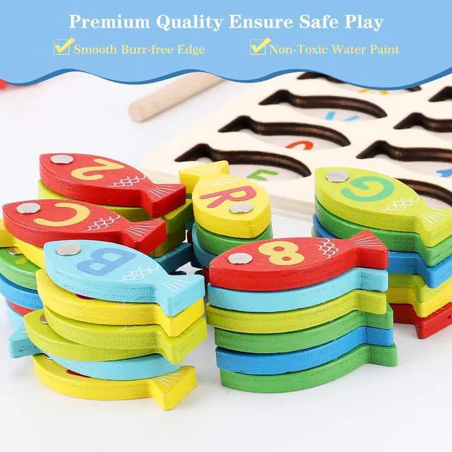 Alt view image 5 of 7 - Magnetic Wooden Fishing Game Toy for Toddlers, Alphabet Fish Catching Counting Games Puzzle with Numbers and Letters, Preschool Learning ABC Math Educational Toys 3 4 5 Years Old Girl Boy Kids