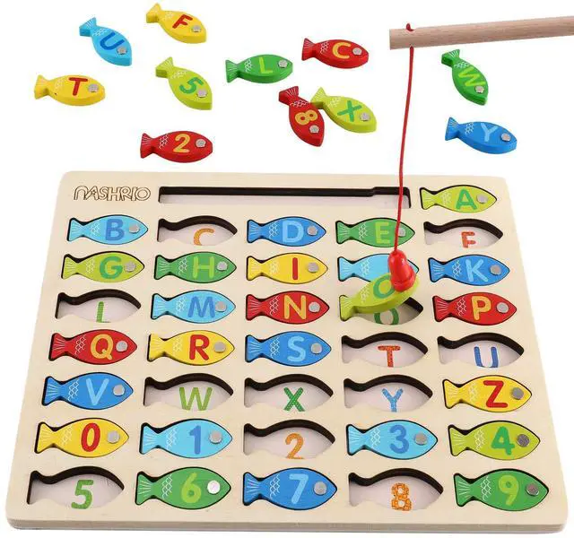 Main image of Magnetic Wooden Fishing Game Toy for Toddlers, Alphabet Fish Catching Counting Games Puzzle with Numbers and Letters, Preschool Learning ABC Math Educational Toys 3 4 5 Years Old Girl Boy Kids