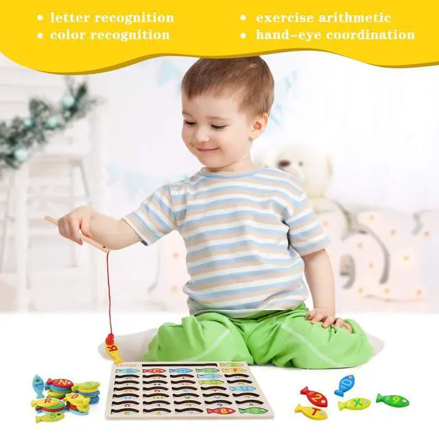 Alt view image 6 of 7 - Magnetic Wooden Fishing Game Toy for Toddlers, Alphabet Fish Catching Counting Games Puzzle with Numbers and Letters, Preschool Learning ABC Math Educational Toys 3 4 5 Years Old Girl Boy Kids