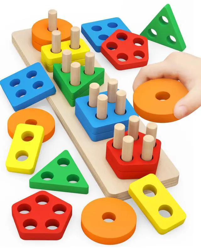 Main image of Montessori Toys for 1 to 3-Year-Old Boys Girls Toddlers, Wooden Sorting & Stacking Toys for Toddlers and Kids Preschool, Educational Color Recognition Shape Sorter, Learning Puzzles Gift