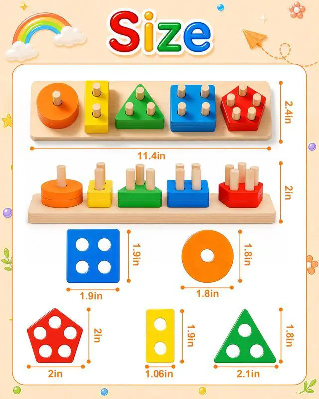 Alt view image 6 of 7 - Montessori Toys for 1 to 3-Year-Old Boys Girls Toddlers, Wooden Sorting & Stacking Toys for Toddlers and Kids Preschool, Educational Color Recognition Shape Sorter, Learning Puzzles Gift