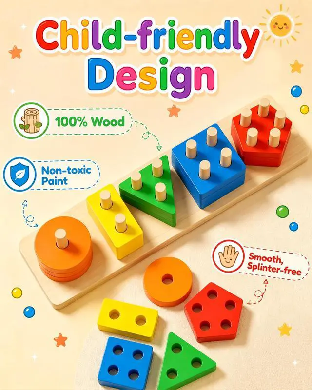 Alt view image 2 of 7 - Montessori Toys for 1 to 3-Year-Old Boys Girls Toddlers, Wooden Sorting & Stacking Toys for Toddlers and Kids Preschool, Educational Color Recognition Shape Sorter, Learning Puzzles Gift