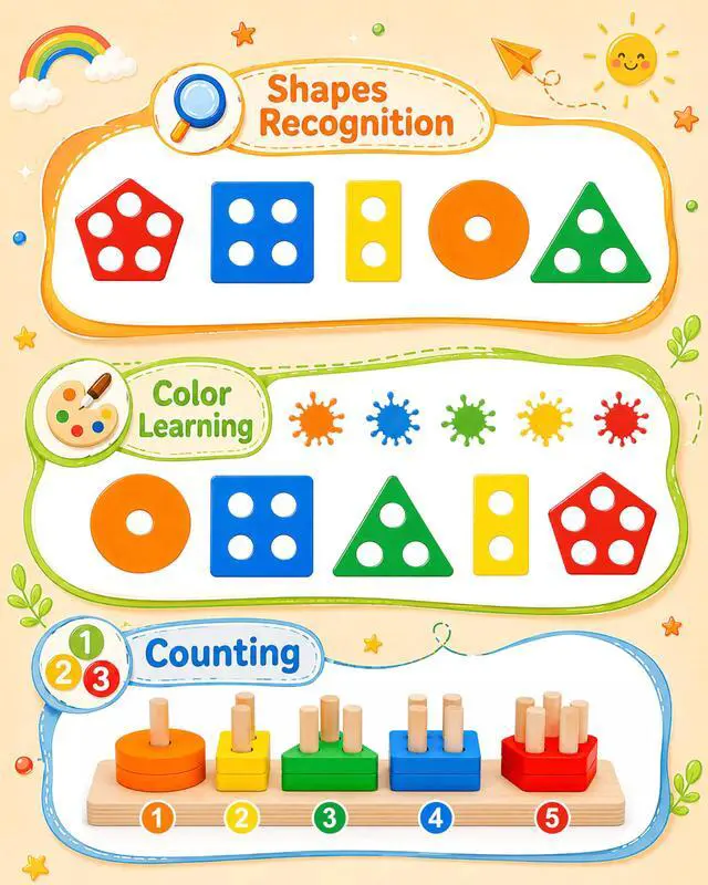 Alt view image 4 of 7 - Montessori Toys for 1 to 3-Year-Old Boys Girls Toddlers, Wooden Sorting & Stacking Toys for Toddlers and Kids Preschool, Educational Color Recognition Shape Sorter, Learning Puzzles Gift