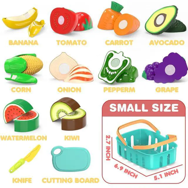 Alt view image 3 of 6 - Cutting Play Food Toys For Kids, Pretend Play Kitchen Accessories, Fake Fruits/Vegetables Set With Shopping Storage Basket, Plastic Board And Knife, Birthday Gifts/Educational Toy For Toddler Children