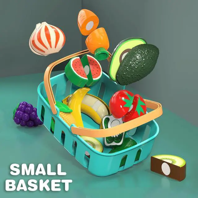 Alt view image 5 of 6 - Cutting Play Food Toys For Kids, Pretend Play Kitchen Accessories, Fake Fruits/Vegetables Set With Shopping Storage Basket, Plastic Board And Knife, Birthday Gifts/Educational Toy For Toddler Children