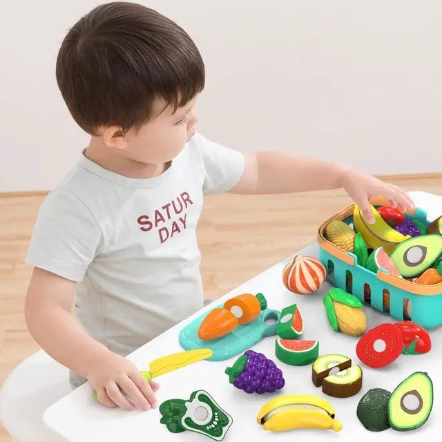 Alt view image 6 of 6 - Cutting Play Food Toys For Kids, Pretend Play Kitchen Accessories, Fake Fruits/Vegetables Set With Shopping Storage Basket, Plastic Board And Knife, Birthday Gifts/Educational Toy For Toddler Children