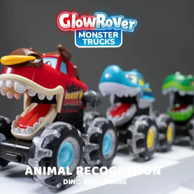 Alt view image 7 of 7 - 3 Pack Monster Truck Toy - Motion Activated Light Up Cars for Toddlers - Monster Glow Rover LED Wheels - Baby Boy Toys - Press and Go Dinosaur Trucks for Kids Boy Birthday Gifts
