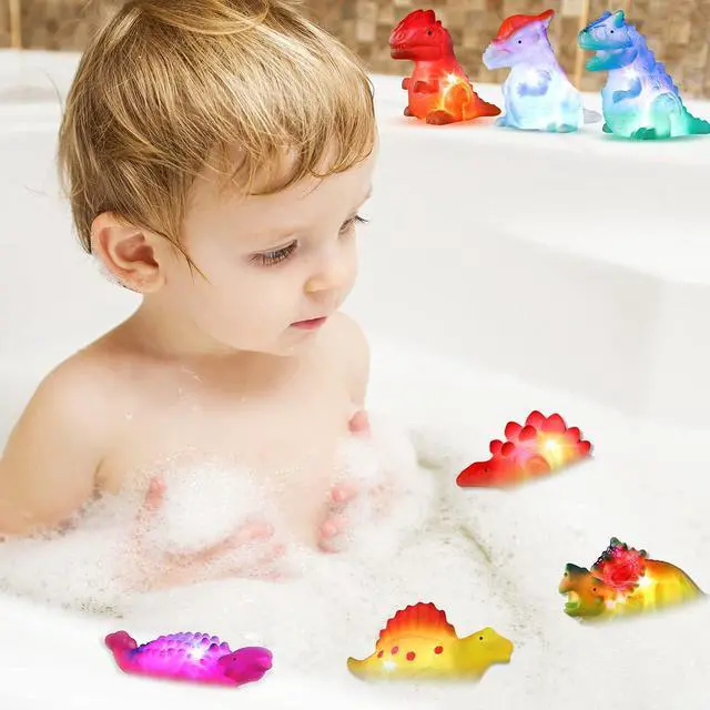 Alt view image 2 of 6 - 8 Pack Light up No Hole Dinosaur Bath Toy Set, Flashing Color Changing Light in Water, Floating Dino Bathtub Bathroom tub Pool Toy for Baby Infant Kid Toddler Child Boy Girl Preschool in Christmas
