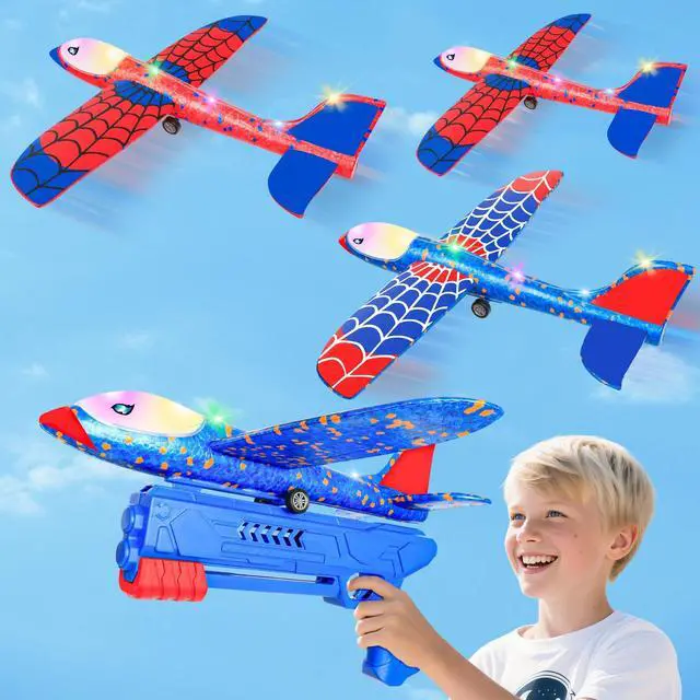 Main image of Airplane Launcher Toy for Kids, 3 Pack Spider Foam Gliders Air Planes with Led, 2 Flight Modes 3 4 5 6 7 Year Old Boys Girls Outdoor Flying Toys Outside Sport Games Birthday