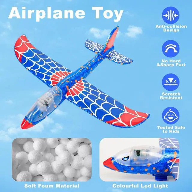 Alt view image 6 of 7 - Airplane Launcher Toy for Kids, 3 Pack Spider Foam Gliders Air Planes with Led, 2 Flight Modes 3 4 5 6 7 Year Old Boys Girls Outdoor Flying Toys Outside Sport Games Birthday