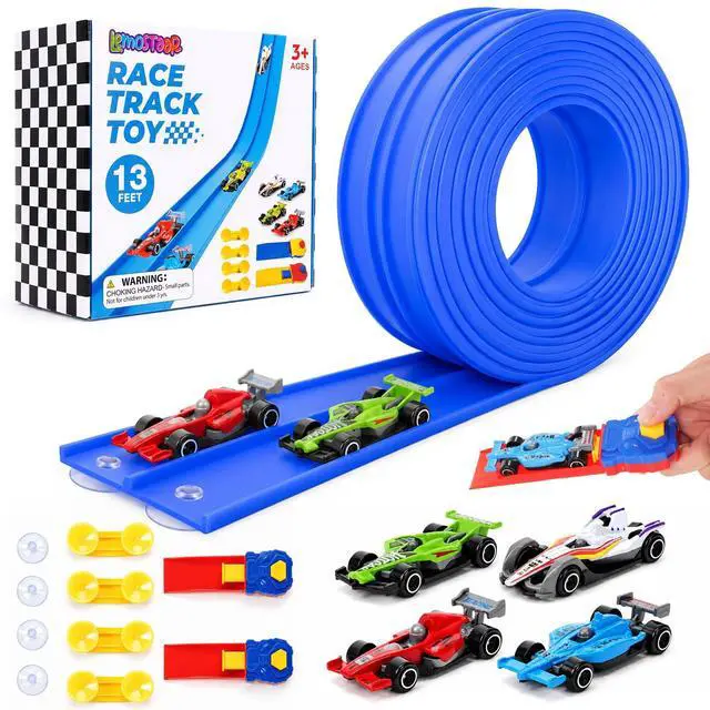 Main image of Flexible Race Track Set for Kids: 15 Ft Suction Cup Flex Race Track with 4 Car and 2 Thruster - Rolls Up Portable Racetrack Compatible with Diecast 1/64th Cars Model - Birthday Gifts for Ages 3 4 5 6
