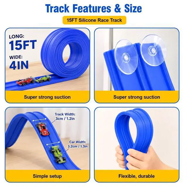 Alt view image 3 of 7 - Flexible Race Track Set for Kids: 15 Ft Suction Cup Flex Race Track with 4 Car and 2 Thruster - Rolls Up Portable Racetrack Compatible with Diecast 1/64th Cars Model - Birthday Gifts for Ages 3 4 5 6