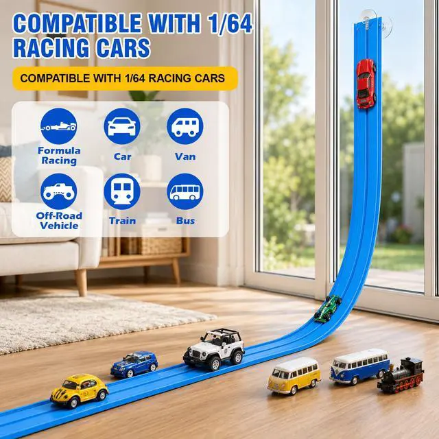 Alt view image 4 of 7 - Flexible Race Track Set for Kids: 15 Ft Suction Cup Flex Race Track with 4 Car and 2 Thruster - Rolls Up Portable Racetrack Compatible with Diecast 1/64th Cars Model - Birthday Gifts for Ages 3 4 5 6