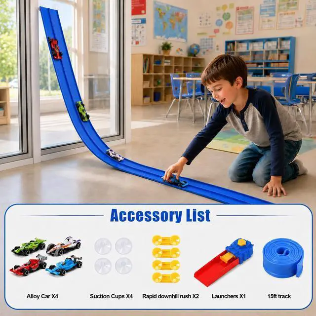 Alt view image 5 of 7 - Flexible Race Track Set for Kids: 15 Ft Suction Cup Flex Race Track with 4 Car and 2 Thruster - Rolls Up Portable Racetrack Compatible with Diecast 1/64th Cars Model - Birthday Gifts for Ages 3 4 5 6