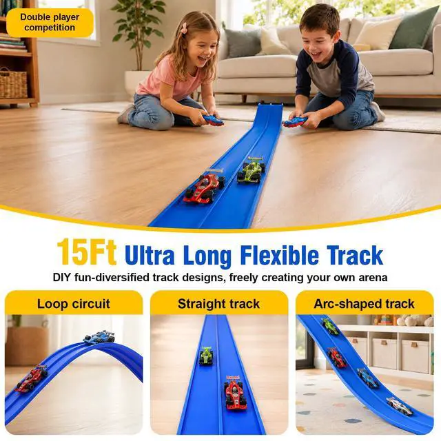 Alt view image 2 of 7 - Flexible Race Track Set for Kids: 15 Ft Suction Cup Flex Race Track with 4 Car and 2 Thruster - Rolls Up Portable Racetrack Compatible with Diecast 1/64th Cars Model - Birthday Gifts for Ages 3 4 5 6