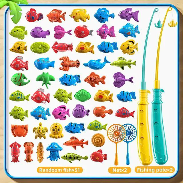 Alt view image 6 of 7 - Fishing Toy Game for Kids 3 4 5 6 7 8 Years Old, 51 Fish Bath Playset for Toddlers, Toy Magnetic Rod and Fishing Net, Outdoor Water Toys for Kids Age 3-5, Party for Boy and Girl