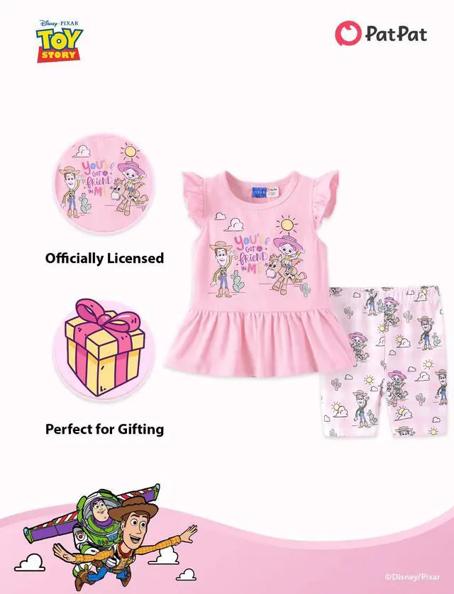 Alt view image 3 of 7 - Toy Story Woody Jessie Toddler Girls Short Set Ruffle Sleeve T-Shirt and Printed Leggings 2PCS Clothing Set Summer Toy Story Light Pink 5-6 Years