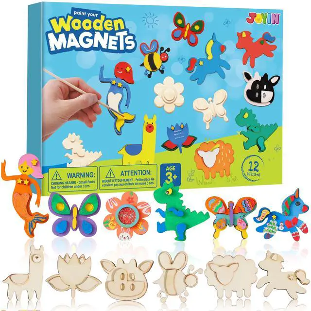 Main image of 12 Wooden Magnet Creativity Arts & Crafts Painting Kit for Kids, Decorate Your Own Painting Gift for Easter Basket Stuffers, Birthday Parties and Family Crafts, Party Favors for Boys Girls