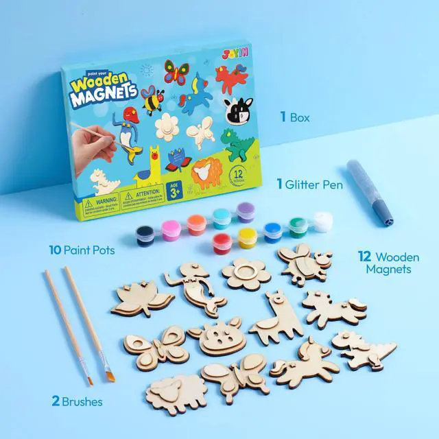 Alt view image 2 of 7 - 12 Wooden Magnet Creativity Arts & Crafts Painting Kit for Kids, Decorate Your Own Painting Gift for Easter Basket Stuffers, Birthday Parties and Family Crafts, Party Favors for Boys Girls