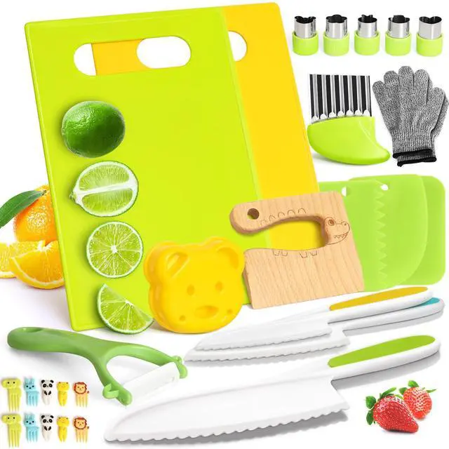 Main image of 28PCS Toddler Knife Set - Kids Knifes for Real Cooking, Montessori Kids Kitchen Knife Set with Cutting Board Crinkle Cutters Kid Safe Knives, Toddlers Kitchen Tools for Age 2-10 Year Old Girl Boy
