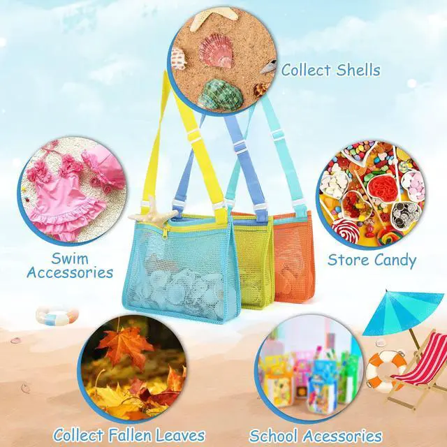 Alt view image 5 of 7 - Beach Toy Mesh Beach Bag Kids Shell Collecting Bag Beach Sand Toy Totes for Holding Shells Beach Toys Sand Toys Swimming Accessories for Boys and Girls(Only Bags,A Set of 3)