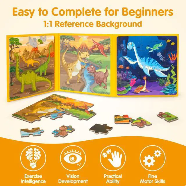 Alt view image 4 of 7 - Magnetic Dinosaur Puzzles for Kids Ages 3-5, 20 Pieces Puzzles for Toddlers 4-6, Easter Basket Stuffers Gifts for Kids, Car Airplane Road Trip Activities Magnet Games Toy for Boys Girls